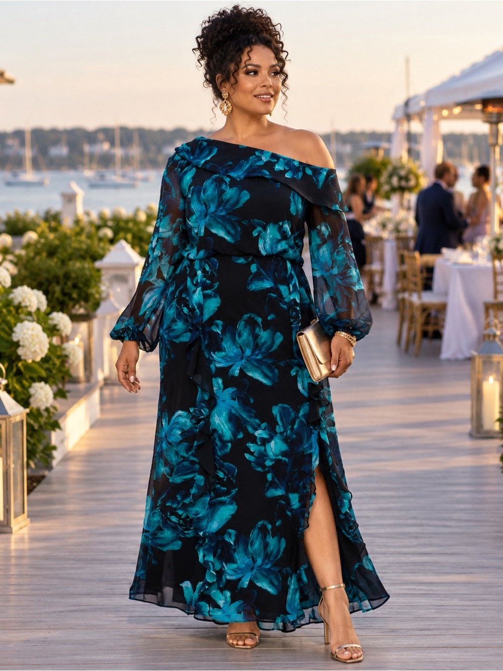 NWT X by XSCAPE One-Shoulder Blue Floral Maxi Gown | Size 20W | Wedding Guest